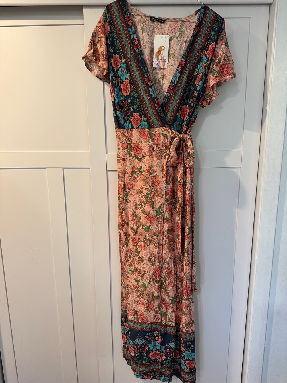 PrettyGarden Floral Wrap Maxi Dress in Peach and Teal NWT